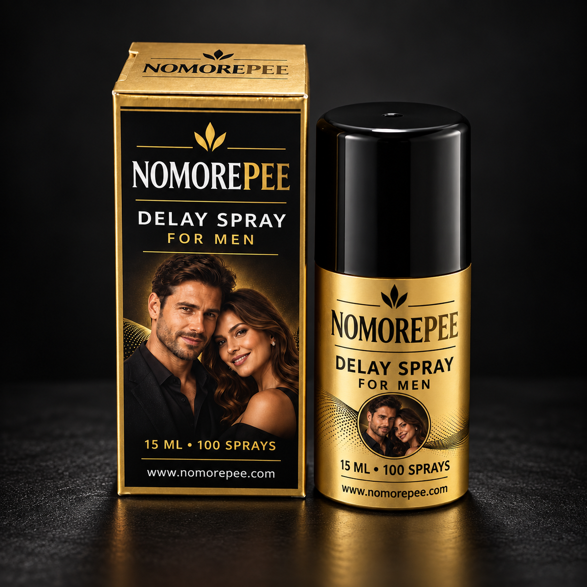 NoMorePee gold bottle and packaging box