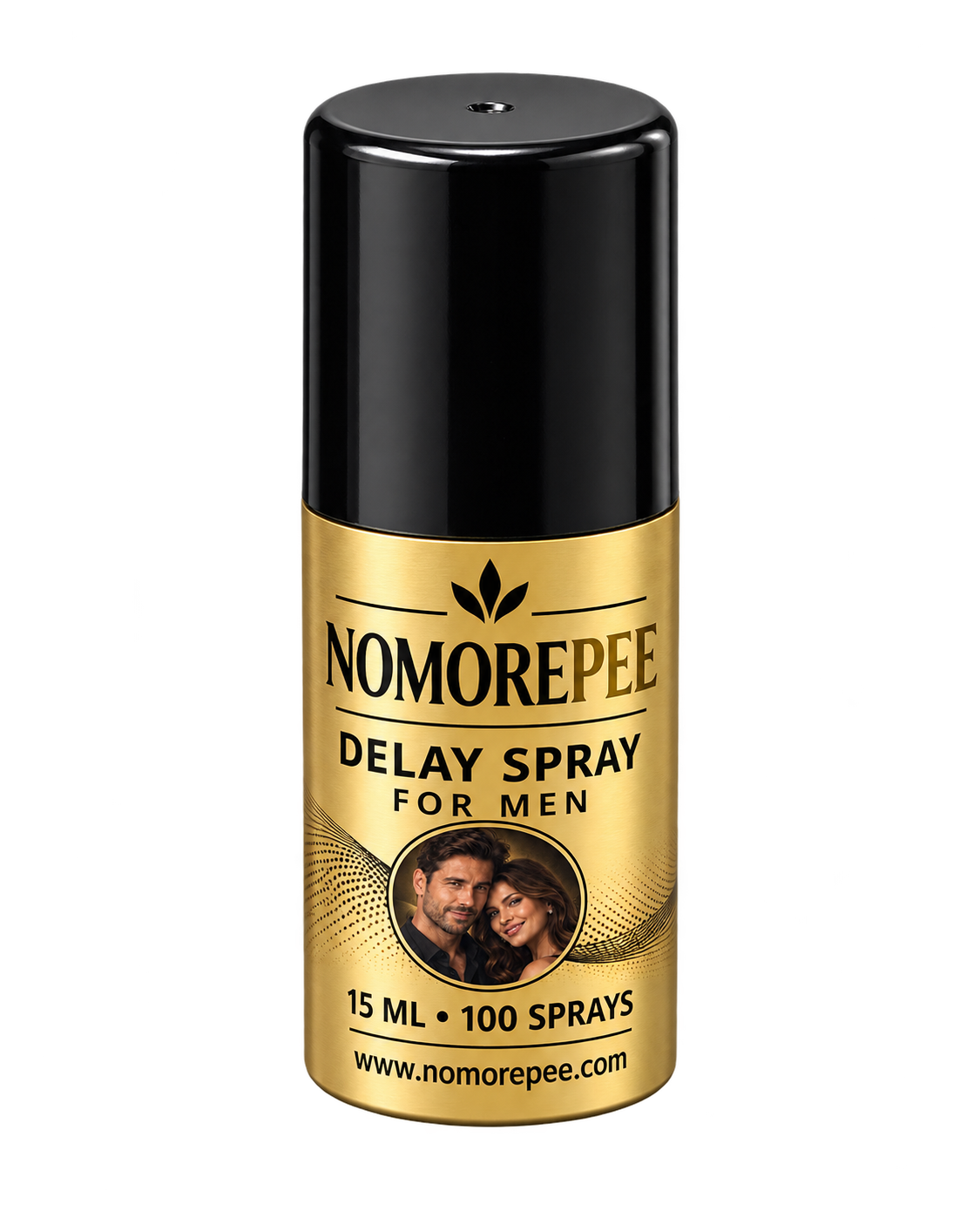 NoMorePee gold and black delay spray bottle